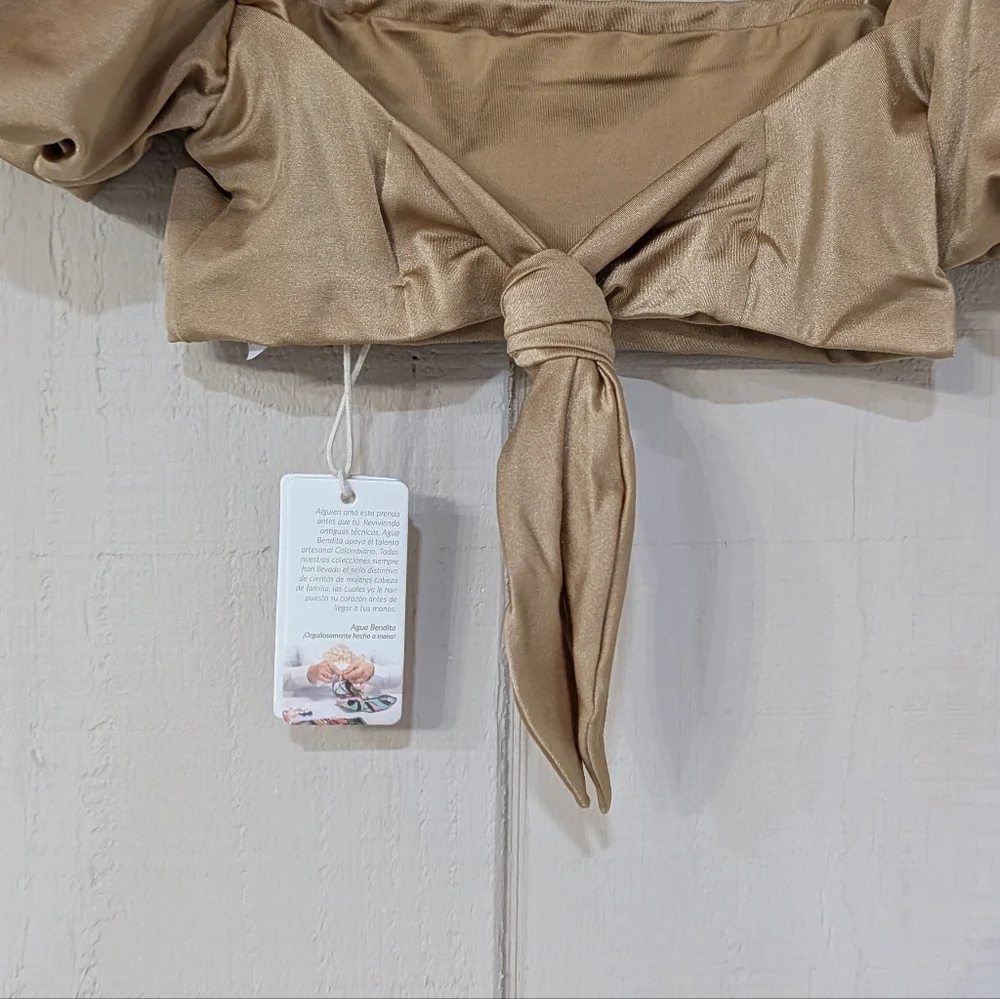 Agua‎ Bendita Free People Calista Puff Sleeve Bikini Top Gold NWT